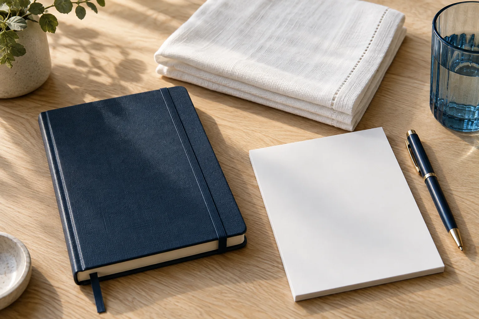 Conceptual detail of neatly arranged planning materials and fresh linen