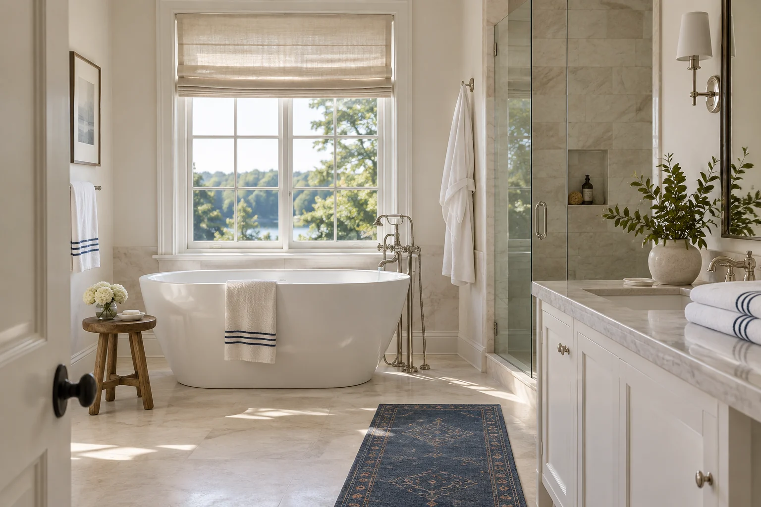 Immaculate residential bathroom with natural stone and white towels