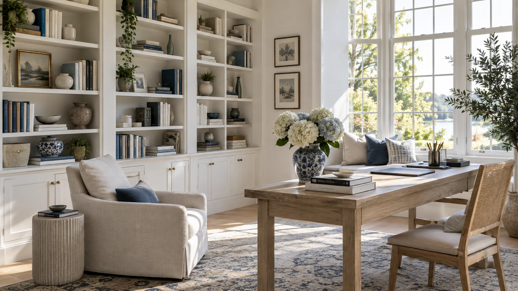 Sunlit home library with white built-ins and navy accents