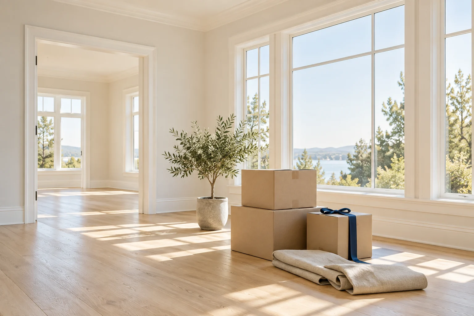 Sunlit empty room with moving boxes, pale wood floors, and an olive tree