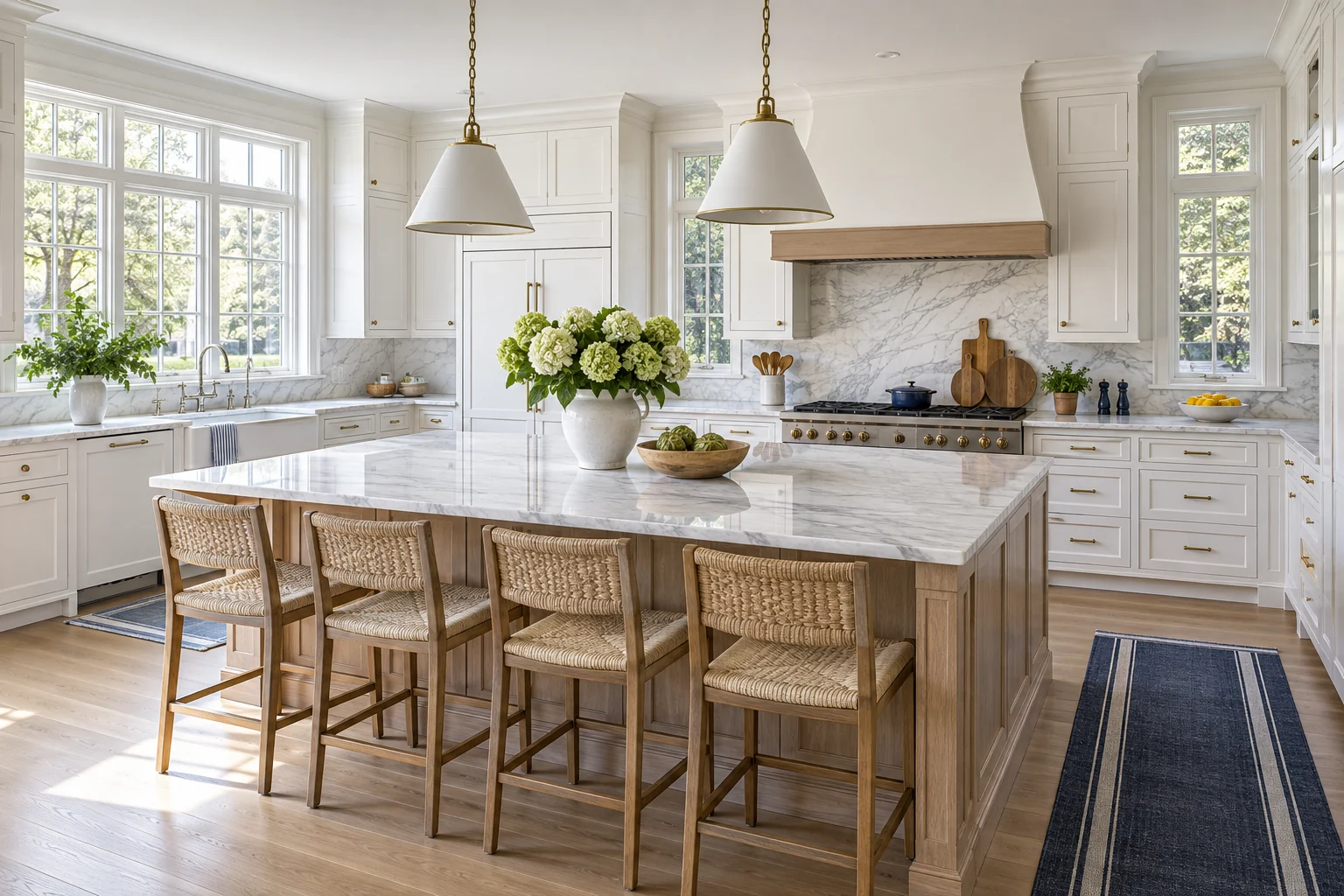 Pristine white kitchen with marble island and warm wood details