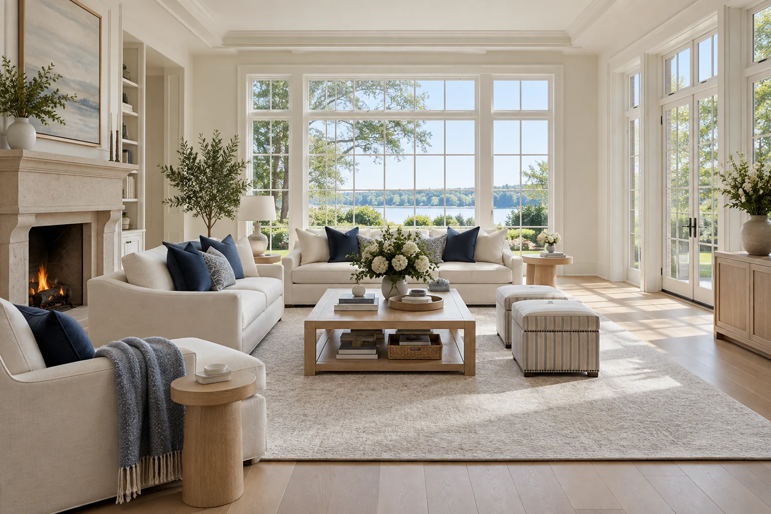 Sunlit elegant living room with cream sofas and navy accents