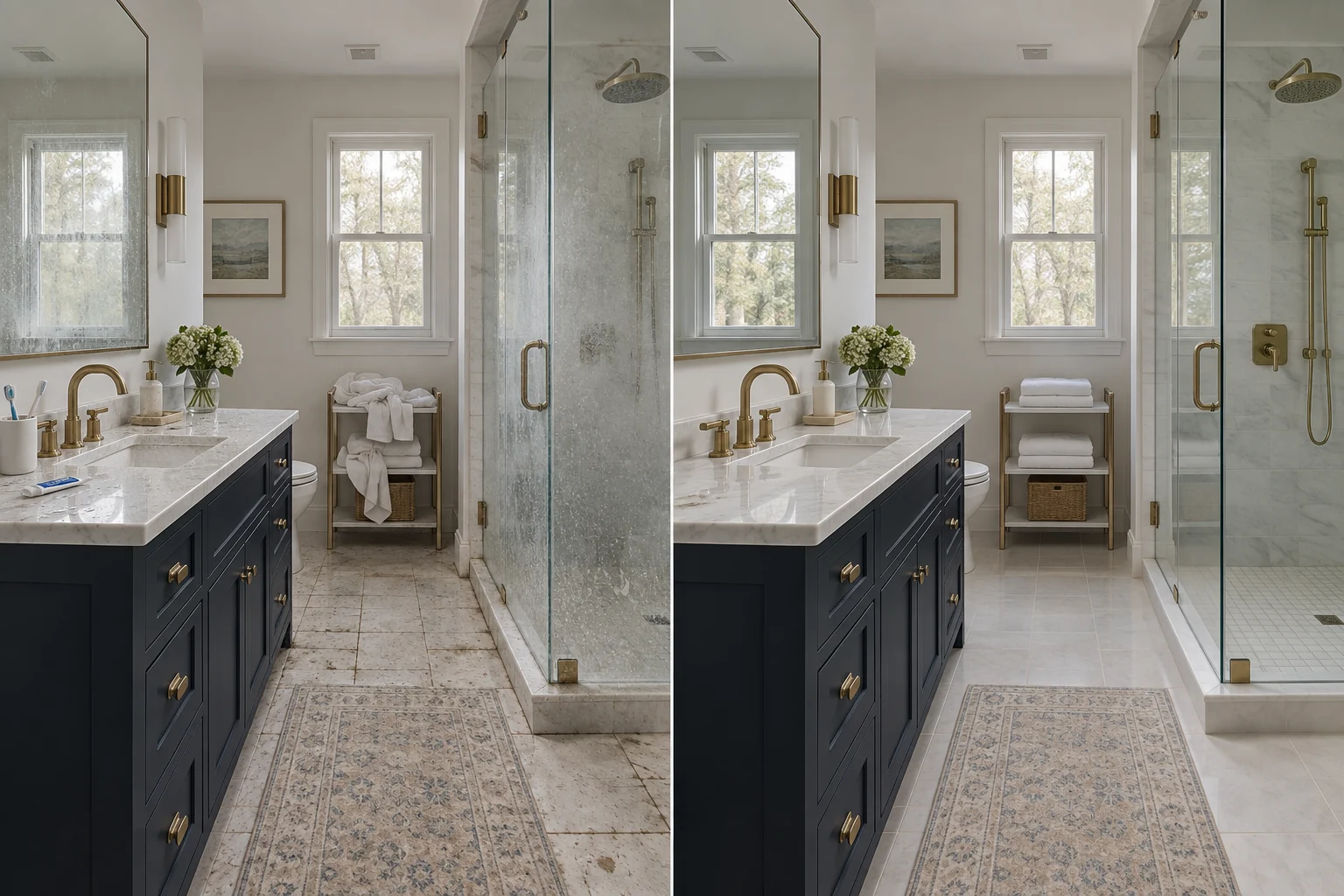 Illustrative comparison of the same bathroom: dirty and cluttered on the left, clean and organized on the right.
