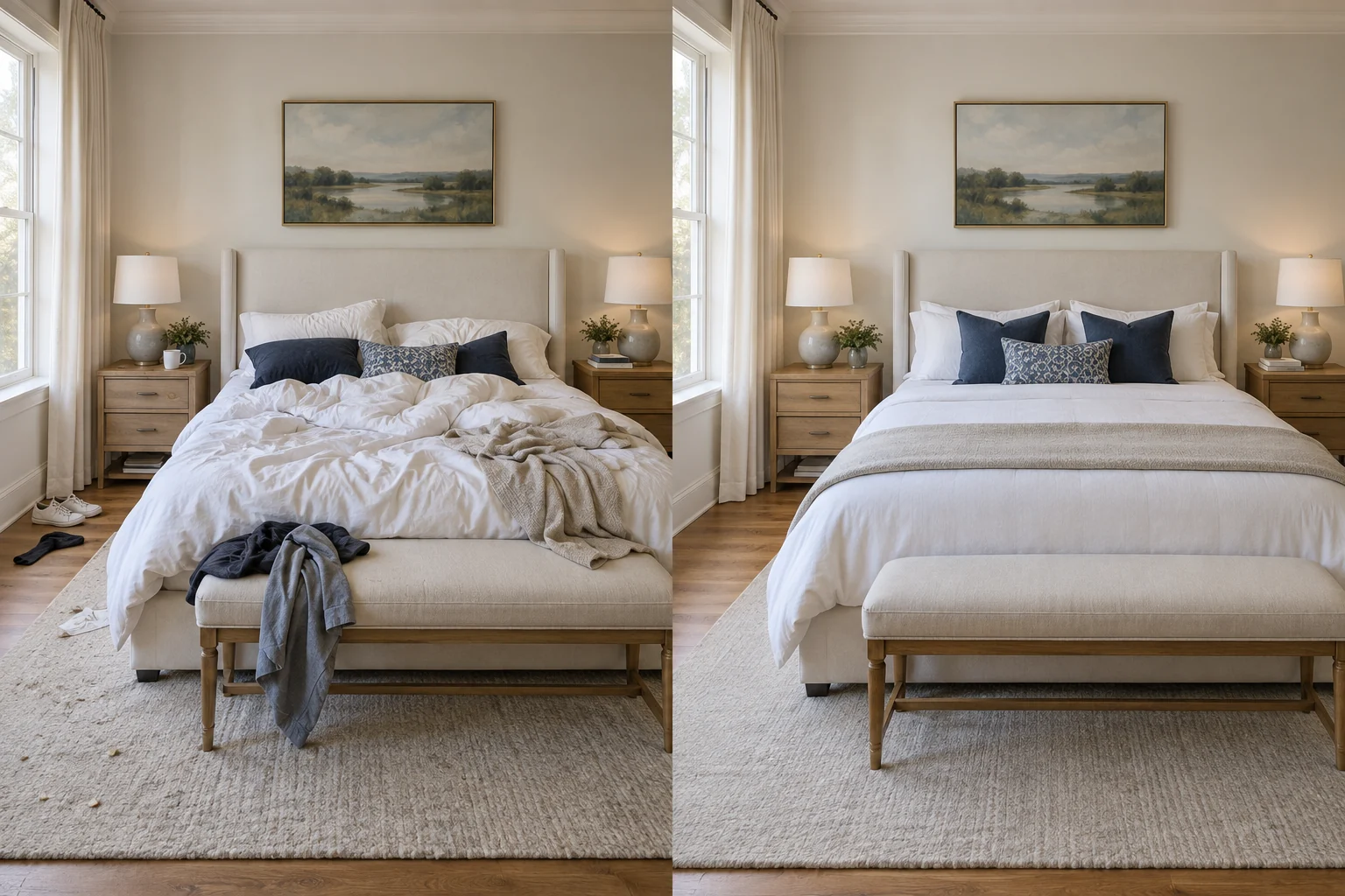 Illustrative comparison of the same bedroom: dirty and cluttered on the left, clean and organized on the right.