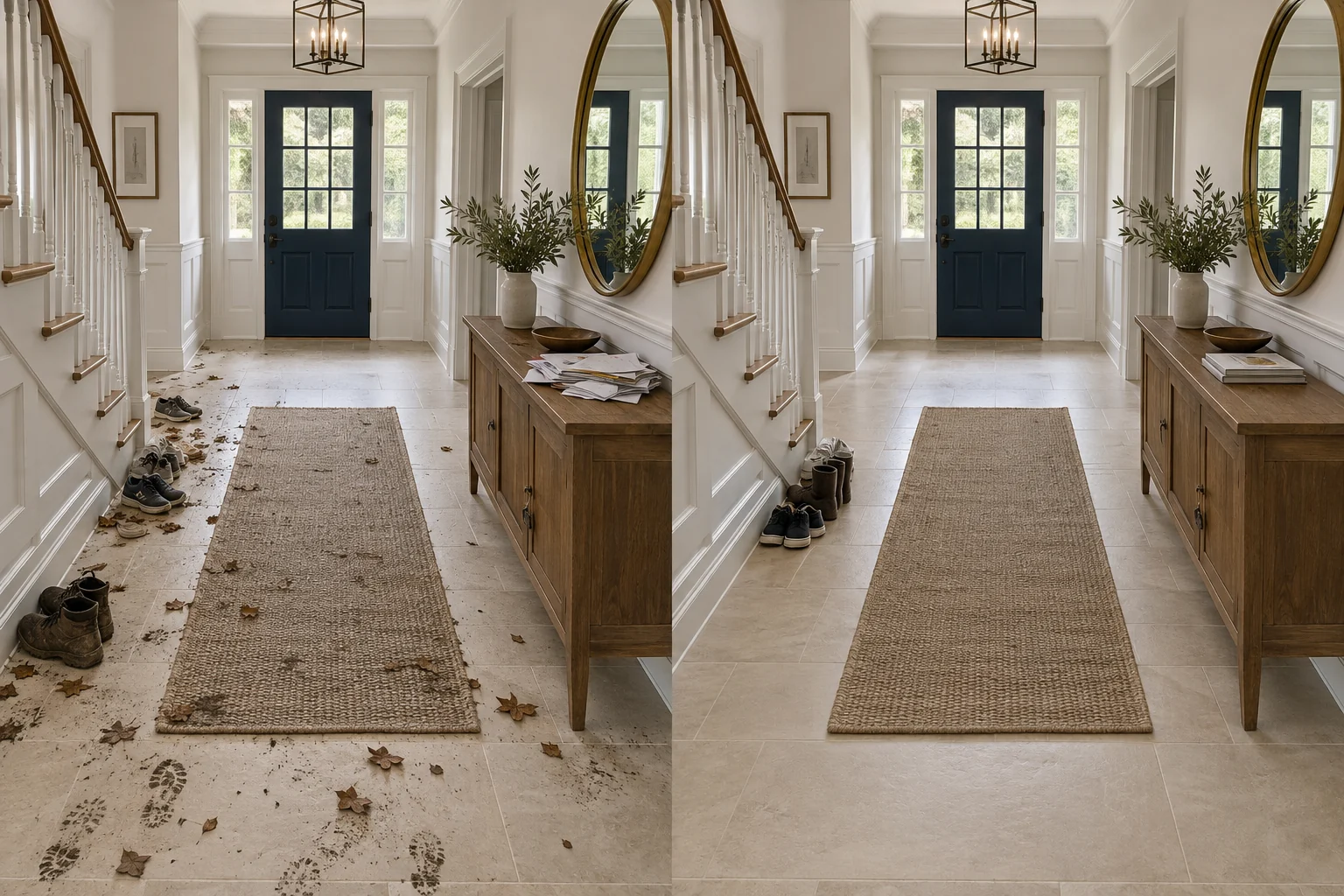 Illustrative comparison of the same entry hall: dirty and cluttered on the left, clean and organized on the right.