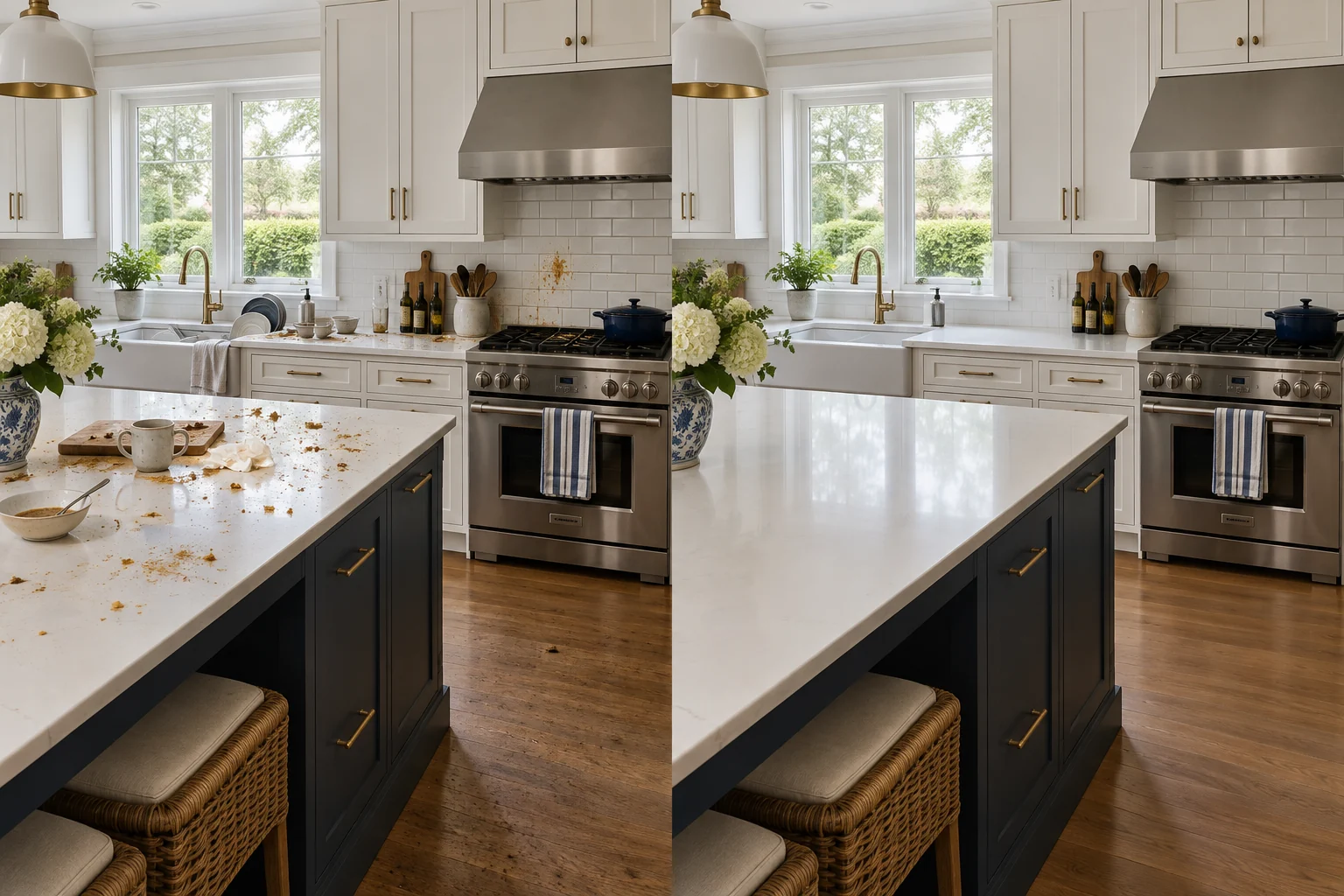 Illustrative comparison of the same kitchen: dirty and cluttered on the left, clean and organized on the right.