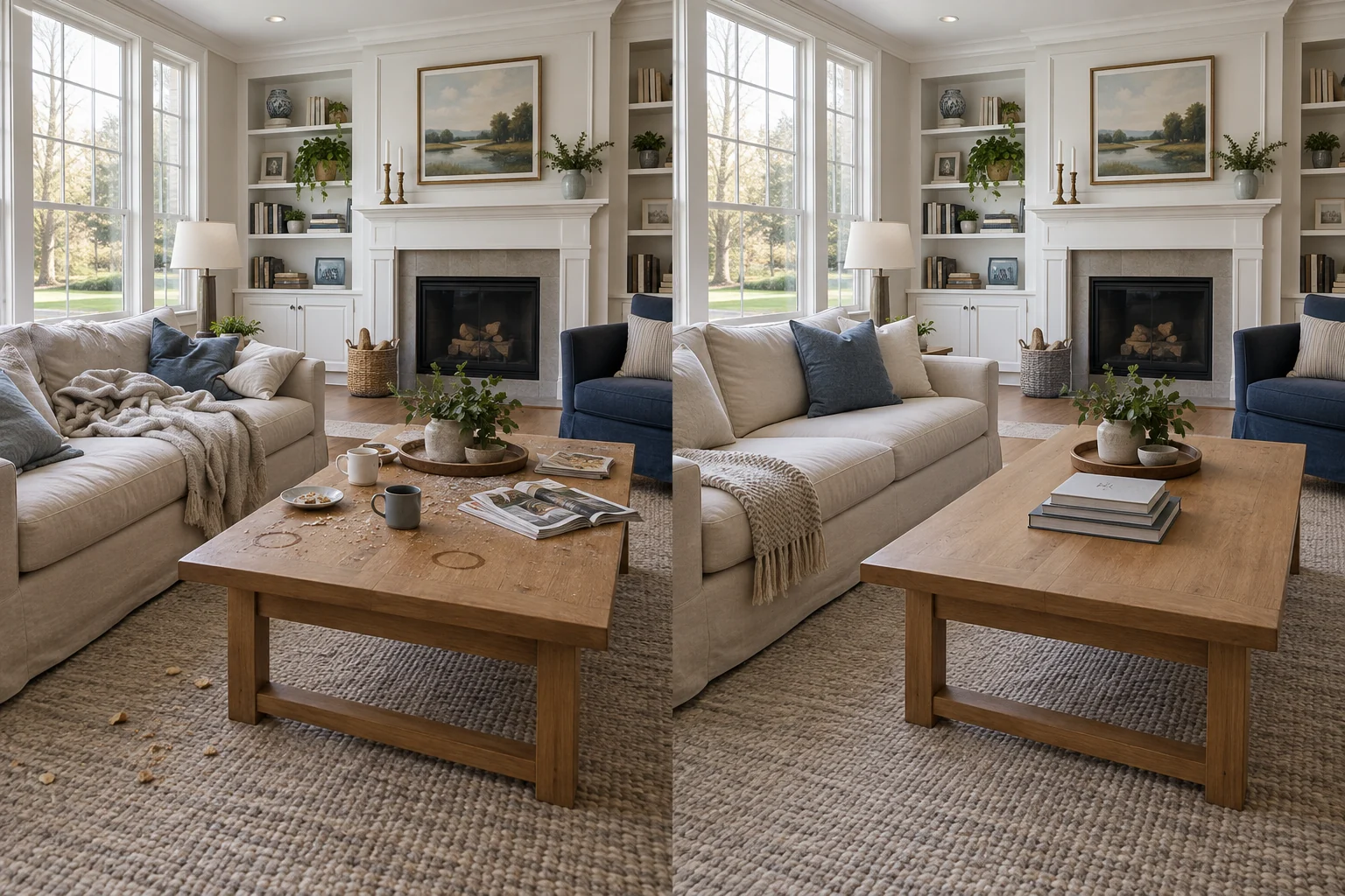 Illustrative comparison of the same living room: dirty and cluttered on the left, clean and organized on the right.